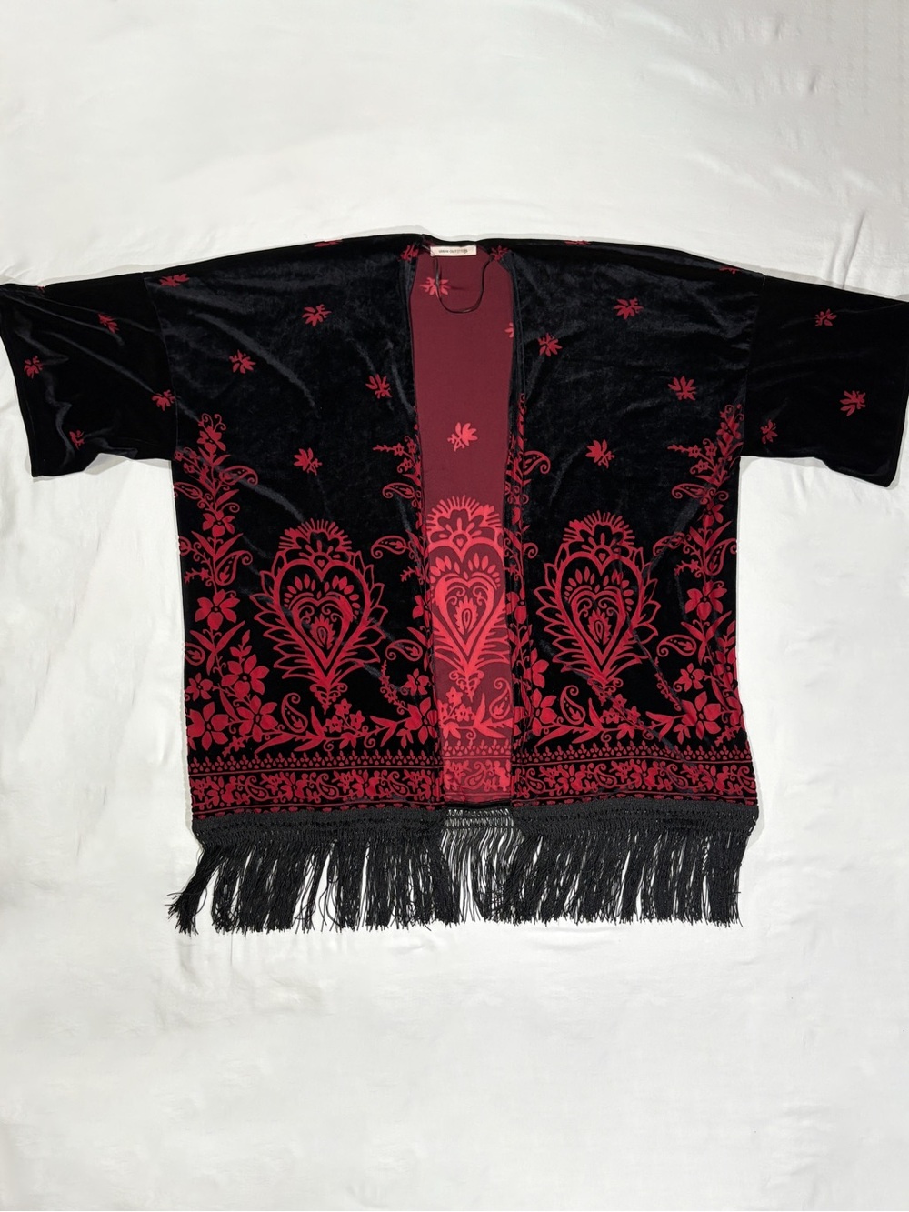 Urban Outfitters Burnout Velvet Fringe Kimono Red Black Paisley Floral OS